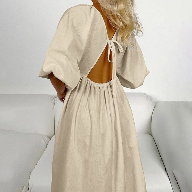 New4 Early Autumn Fashion New Cotton Solid Color Long Skirt V-Neck Five Quarter Sleeve Hollow Out Backless Casual Dress