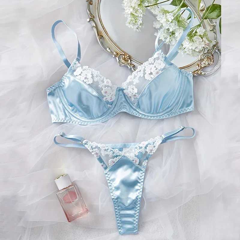 Sexy Blue Lingerie Set Fancy Seamless Underwear Luxury Satin Exotic Sets Delicate Embroidery Matching Outfits Push Up Bra SetXJ250301