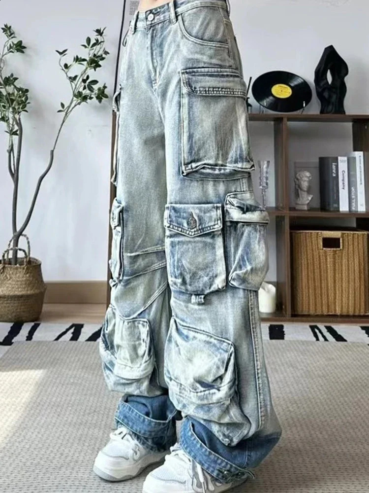 Vintage Fashion Womens Gradient Multi Pockets Jeans Winter High Waist Buttons Cargo Denim Pants Female 250224CJ