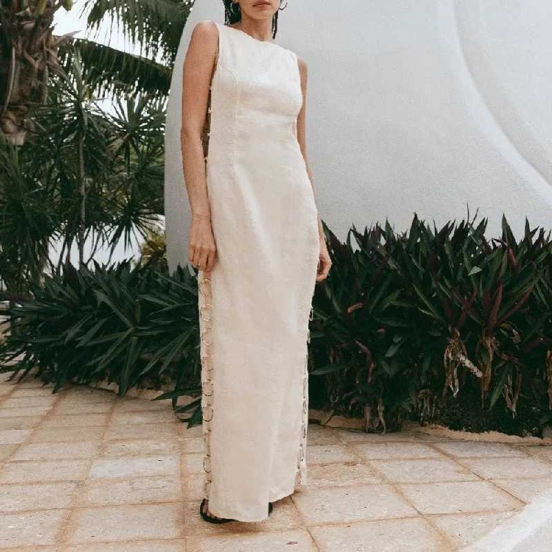 Basic Casual Dresses Elegant womens printed cotton linen sleeveless sexy decorative iron ring dress summer fashion round neck casual long skirt J25030