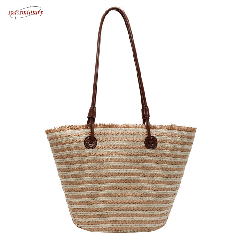 Straw for women in summer 2025, new rural style woven shoulder bag, beach vacation commuting tote bucket bag #swissmilitary