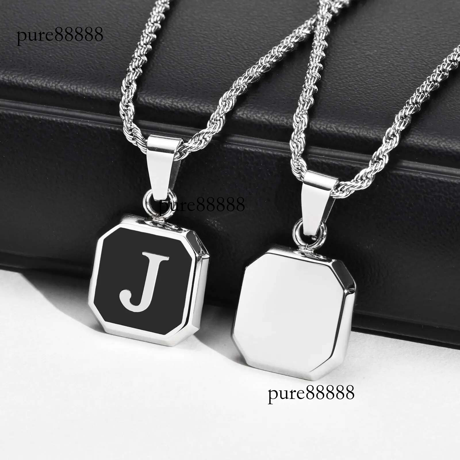 Initials Necklaces for Men Women,A-Z 26 Letters Black Square Stainless Steel Pendant Collar,45-60CM Twisted Rope Chain Gifts
