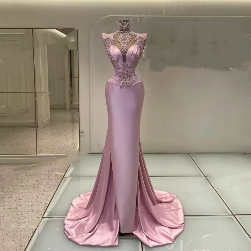 Elegant High Neck Mermaid Evening Dresses Pink Satin Long Formal Occasion Gowns Lace Appliques Pleats Sleeveless Prom Dress For Ladies 2025