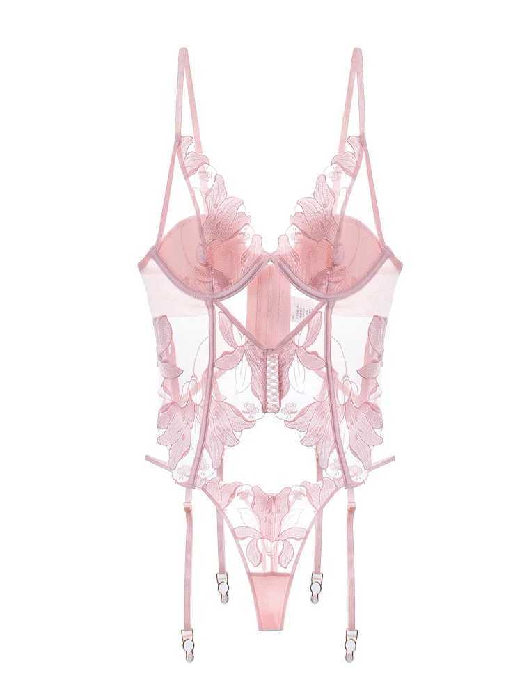 Stylish Pink Underwear Embroidered Floral Lingerie Set Two Piece Bra Sets Women Lagre Size Bodysuit with Briefs SuitXJ250301