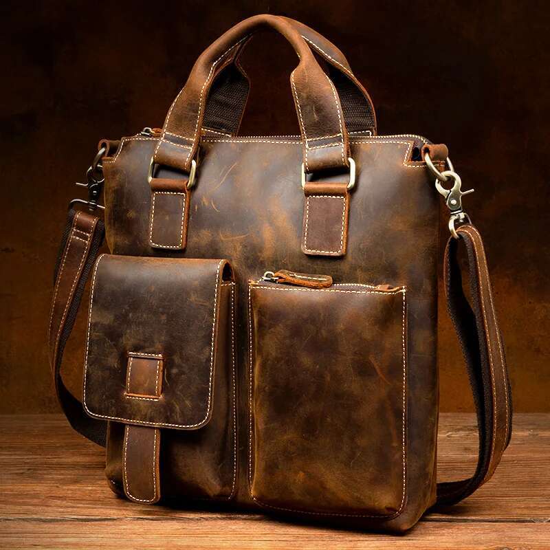 Crazy Horse Handbag Men's Casual Leather Briefcase Retro Handmade Shoulder Crossbody Bag