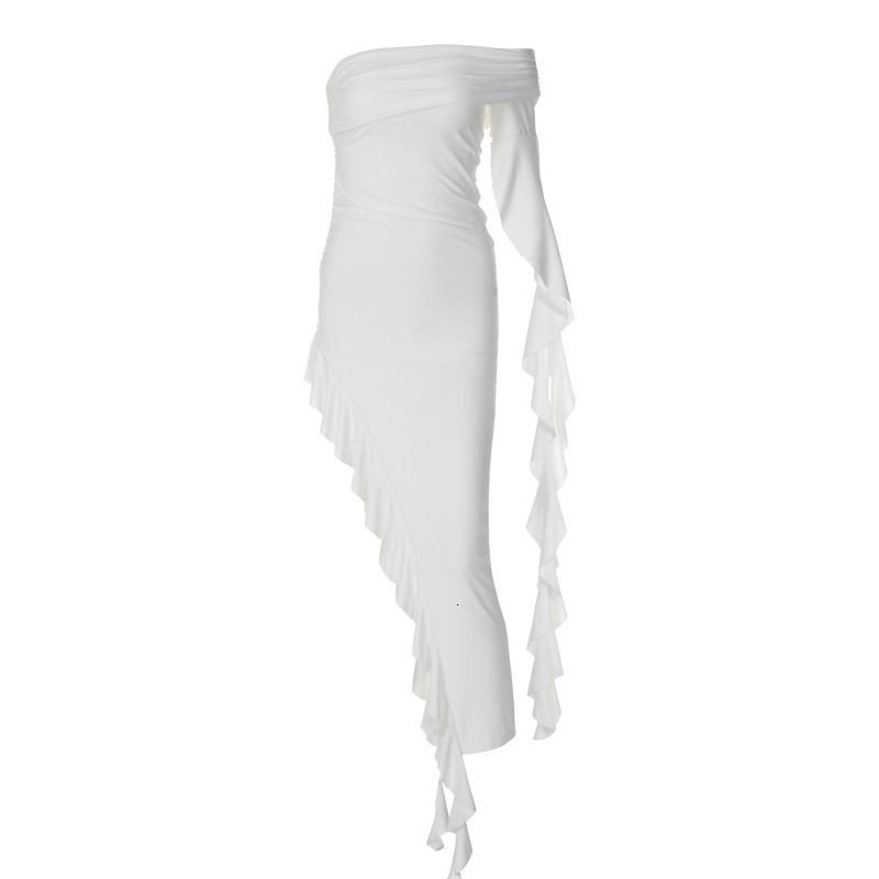 Women's New Summer New Fashion Personalized One Shoulder Pleated Solid Color Slim Fit Dress