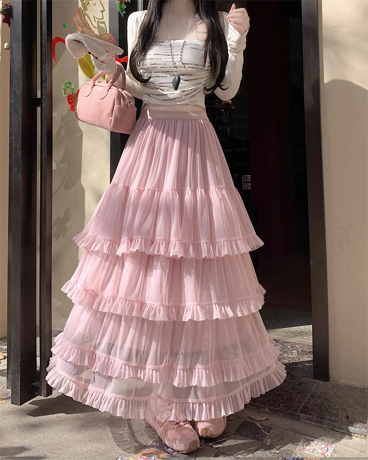 High Quality Wedding Mesh Skirt Women 2025 Summer French Romantic High Waist Long Skirt Female Elegant Streetwear Holiday Faldas 250224