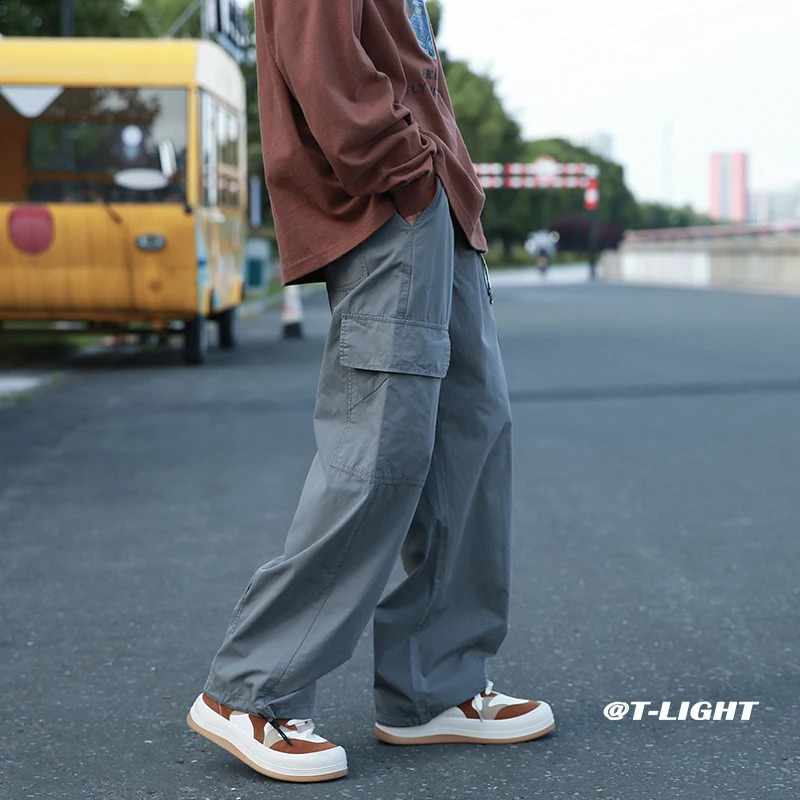 Vintage Cargo Pants Men Fashion Streetwear Pockets Wide Leg Straight Y2k Casual Trousers Baggy Drawstring Overalls Black/Gray 250225