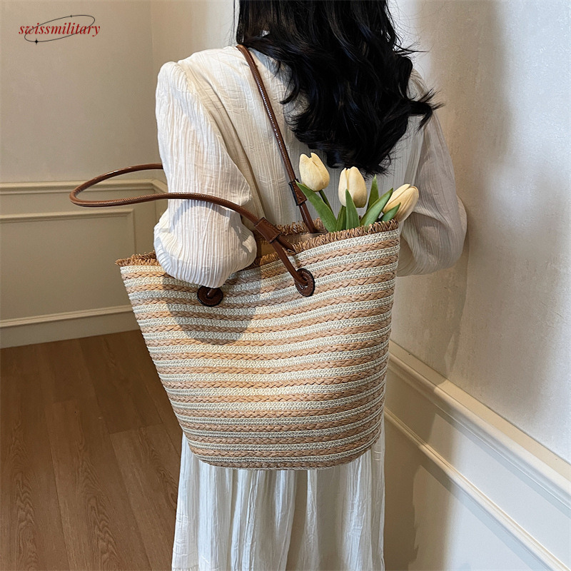 Straw for women in summer 2025, new rural style woven shoulder bag, beach vacation commuting tote bucket bag #swissmilitary
