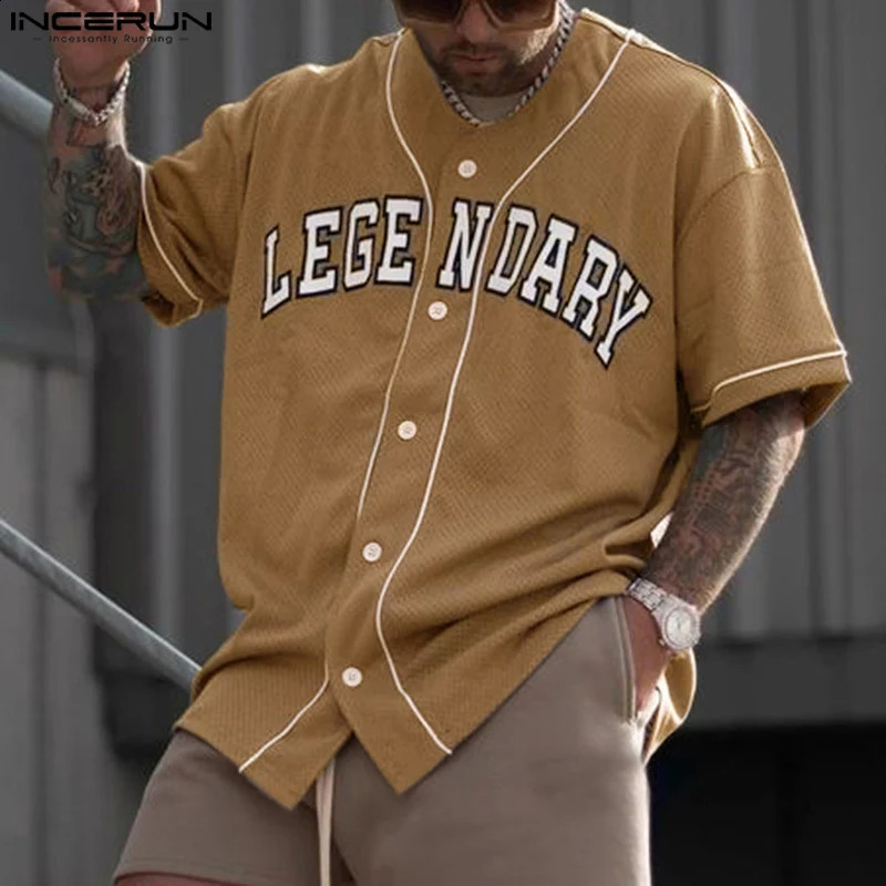 INCERUN Tops American Style Fashion Men Letter Pattern Printed Shirt Casual Streetwear Male Collarless Short Sleeved Blouse 250224