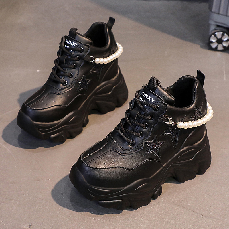 High Platform Shoes Woman 2025 Spring and Autumn Chunky Sneakers Increased 10cm Ladies Leather Shoes Trainers Zapatillas Deportivas Mujer