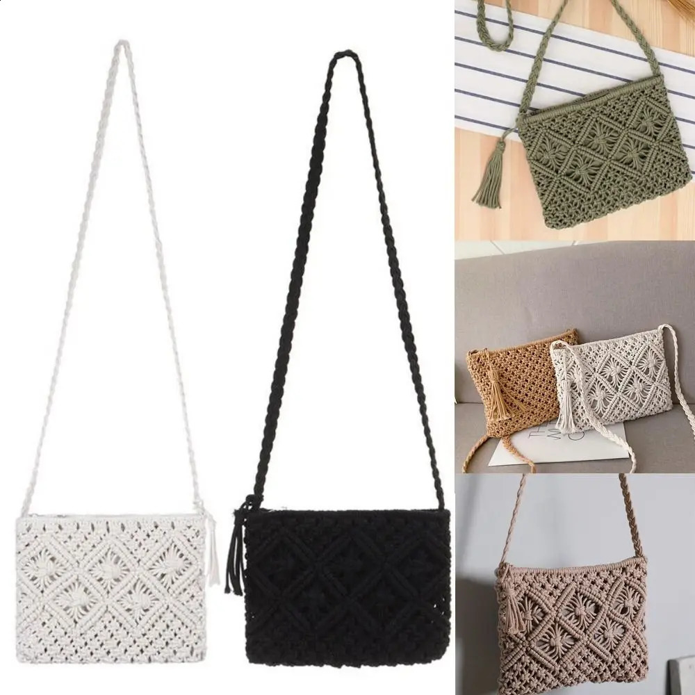Retro Crochet Purses Woven Tassel Clutch Bag Bohemian Tassel Straw Beach Bag Crossbody Handbag Simple Beach Bags 250305