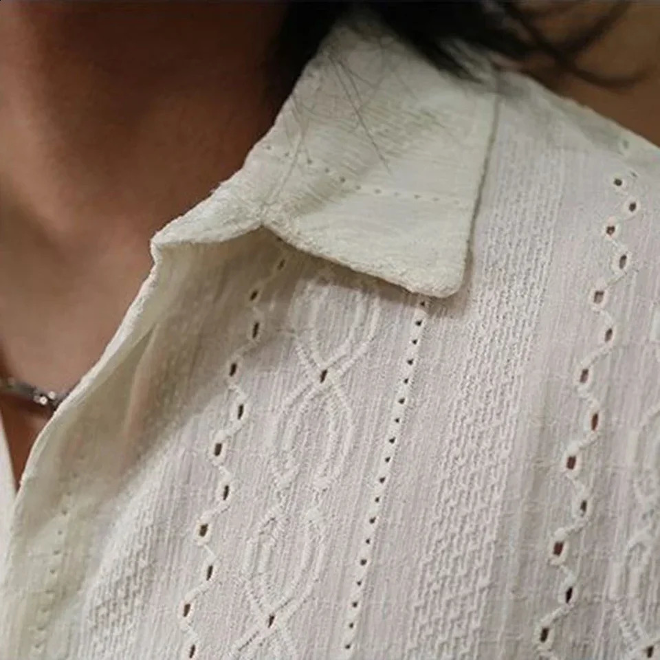 Mens Japanese Retro Loose Hollow Out Short Sleeve Draped Shirts Fashion Solid All-Match Tops Ruffian Casual Male Shirts Jacket 250224