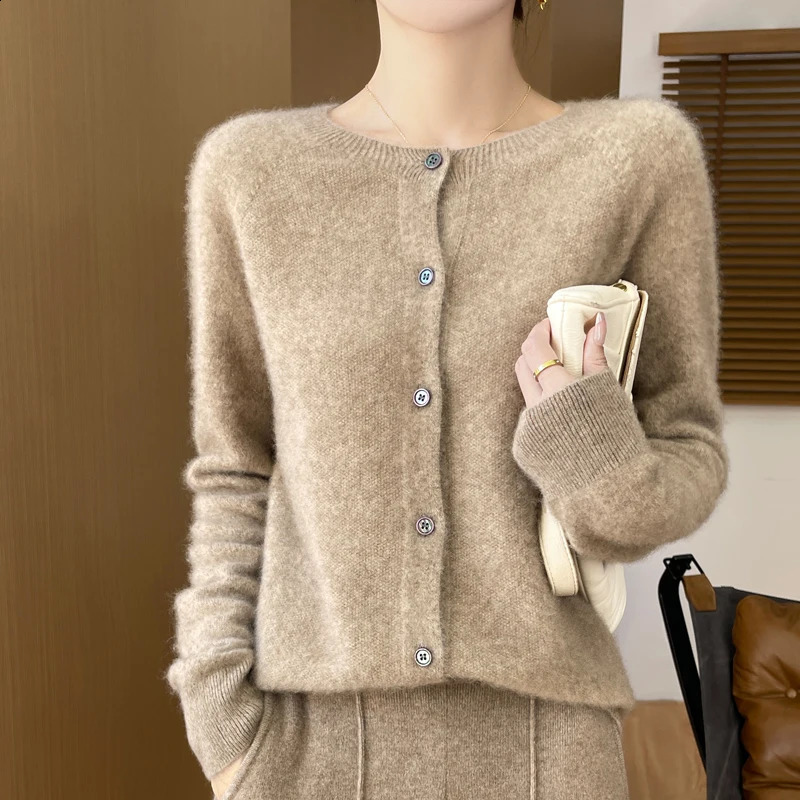 100% Merino Wool Long Sleeve Sweaters Cashmere Cardigan Spring Autumn Women O-Neck Knitwear Tops Clothing Fashion Basic Tops 250228