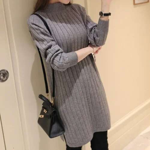 2020 Autumn/Winter New Korean Style Women's Knitted Top Jacket Medium-Length Dress Loose-Fit Pullover Sweater Crew Neck Design