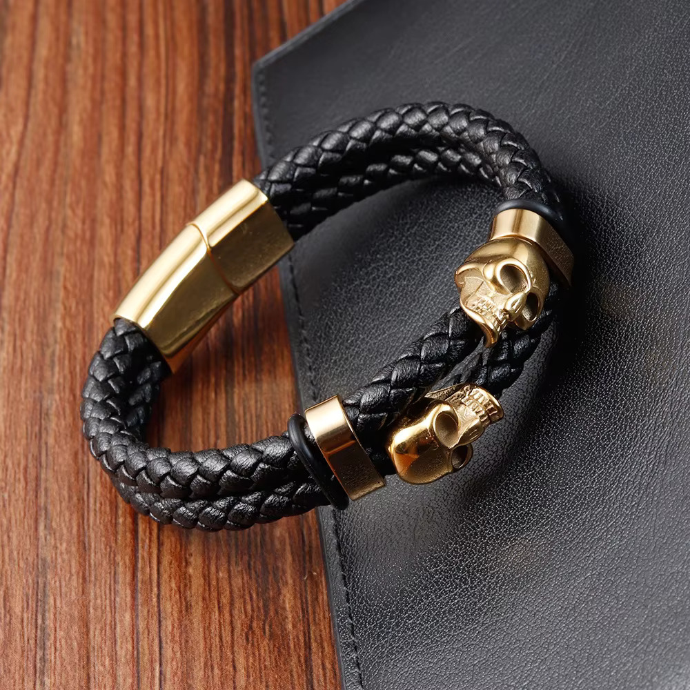 Trendy New Style Bangle Stainless Steel Magnetic Clasp Skull Head Black Braided Genuine Leather Charms Male Mens Bracelet
