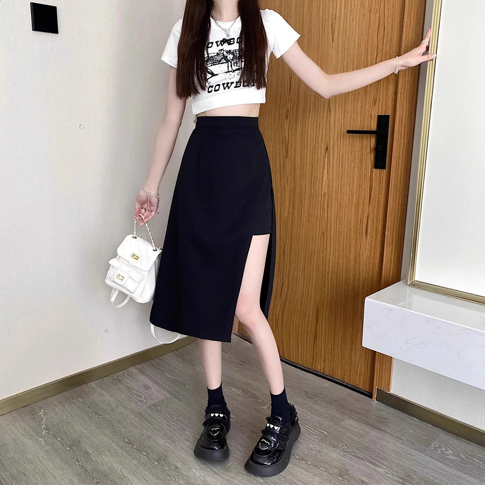 High Waist Hip Skirt Irregular Slit Black Skirt for Women Summer Mid-length A-line Harajuku Vintage Women Clothing 250224