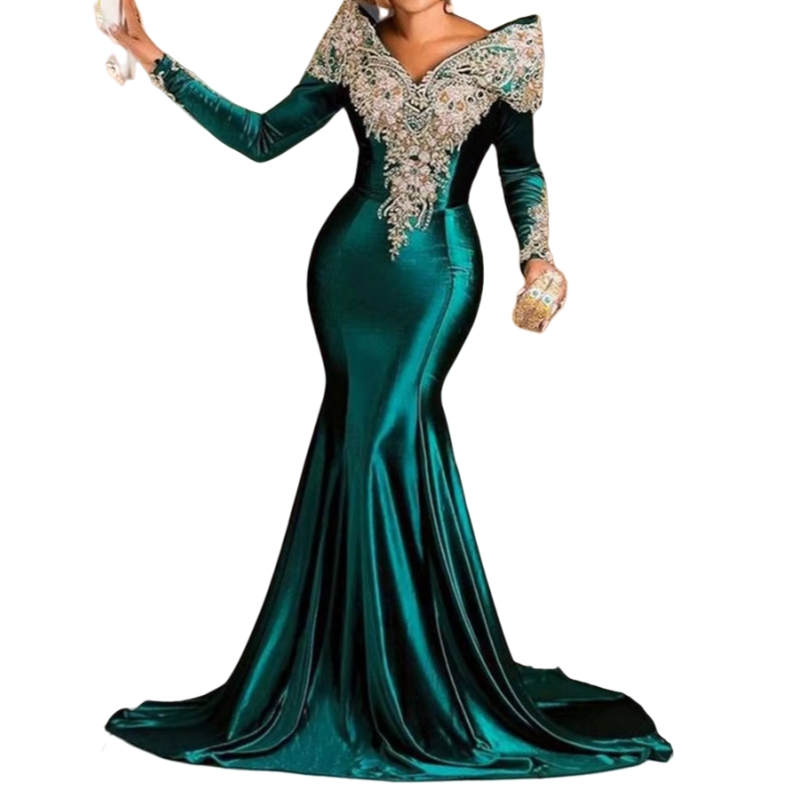 Elegant Green Mermaid Evening Dresses With Lace Appliques Crystals Beaded Long Sleeves Satin Formal Occasion Gowns Arabic African Prom Dress Customize