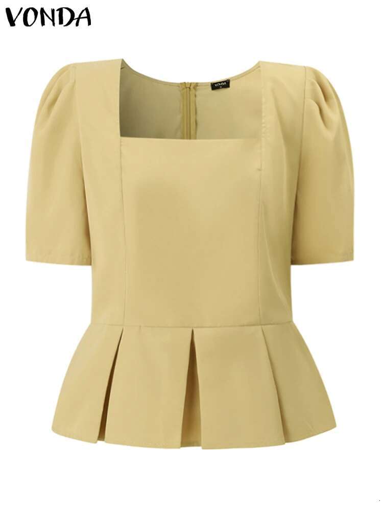 VONDA 2024 Summer Square Collar Women Blouse Tops Tunic Short Puff Sleeve Fashion Loose Shirts Casual Solid Color Blusas