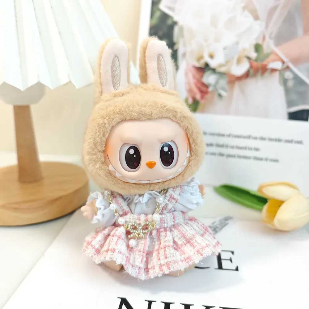 Mini DollS Clothes Outfit For 15-17cm Labubu V1 V2 Classic Grid style Dress Cloak Set With Pearl Element Beret Clothing W250301