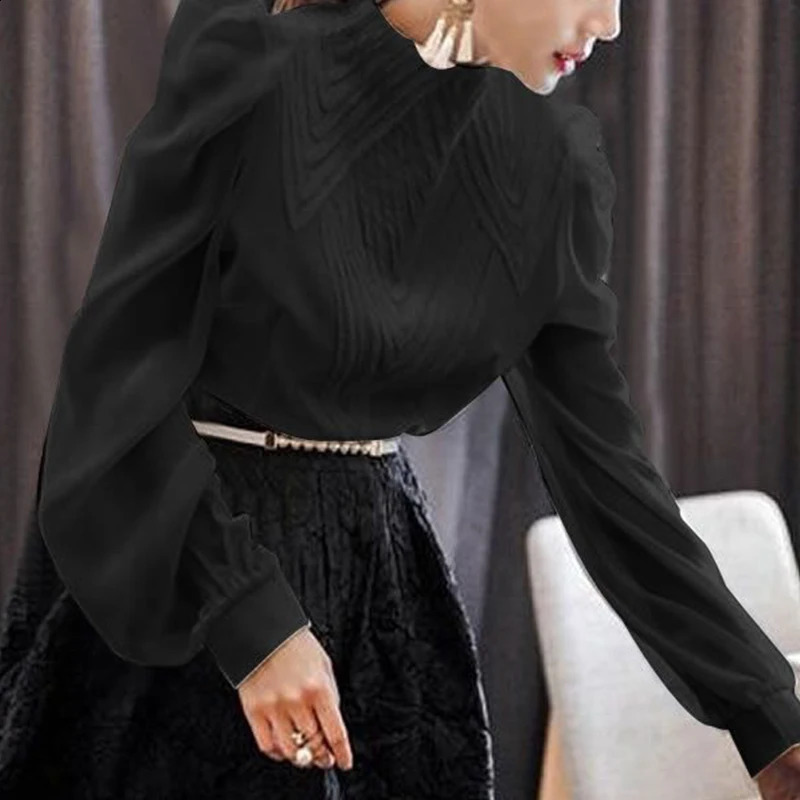 Spring Summer Office Lady Stand Collar Elegant Fashion Chiffon Shirt Femme Long Sleeve Solid All-match Pullover Top Women Blouse 250225