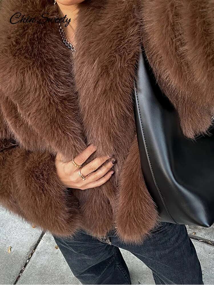 Brown Lapel Faux Fur Short Coat Women Fluffy Long Sleeve Warm Thick Loose Jacket 2024 Autumn Winter Lady High Street Outwear
