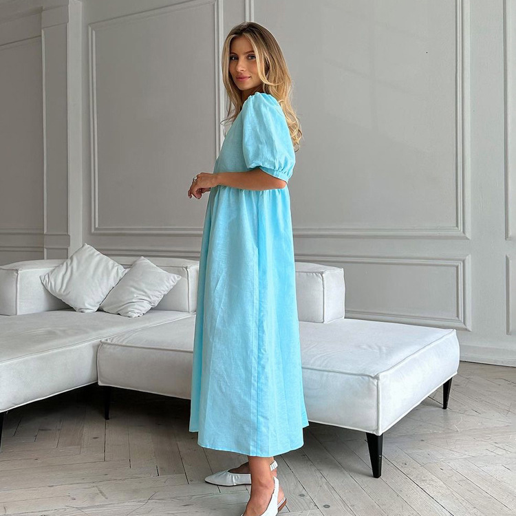 French Ins Light Mature Style V-Neck Bubble Sleeve Blue New4 Summer New Casual Long Dress
