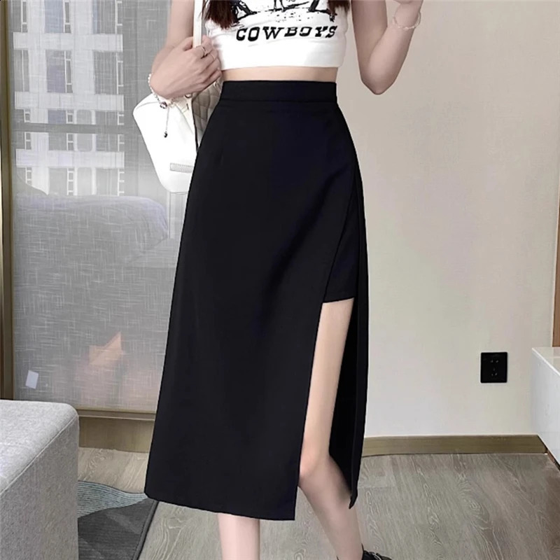 High Waist Hip Skirt Irregular Slit Black Skirt for Women Summer Mid-length A-line Harajuku Vintage Women Clothing 250224