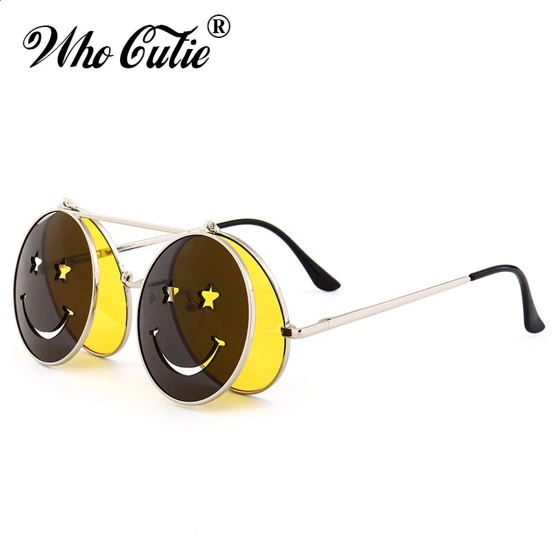 WHO CUTIE Round Flip Up Sunglasses Women Men Vintage Retro Steampunk Metal Frame Red Yellow Clip On Funny Sun Glasses OM486 250221