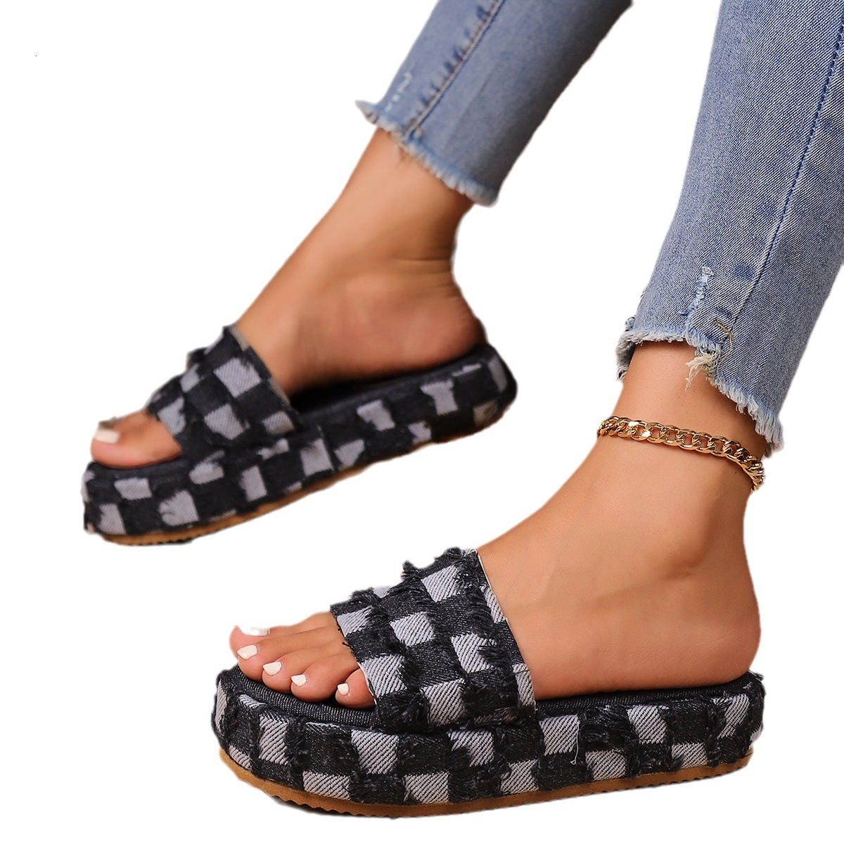 Slippers Oversized Woolen Denim Thick Soled For Women's Summer Fashion Color Blocked Checkered Lazy Slippers