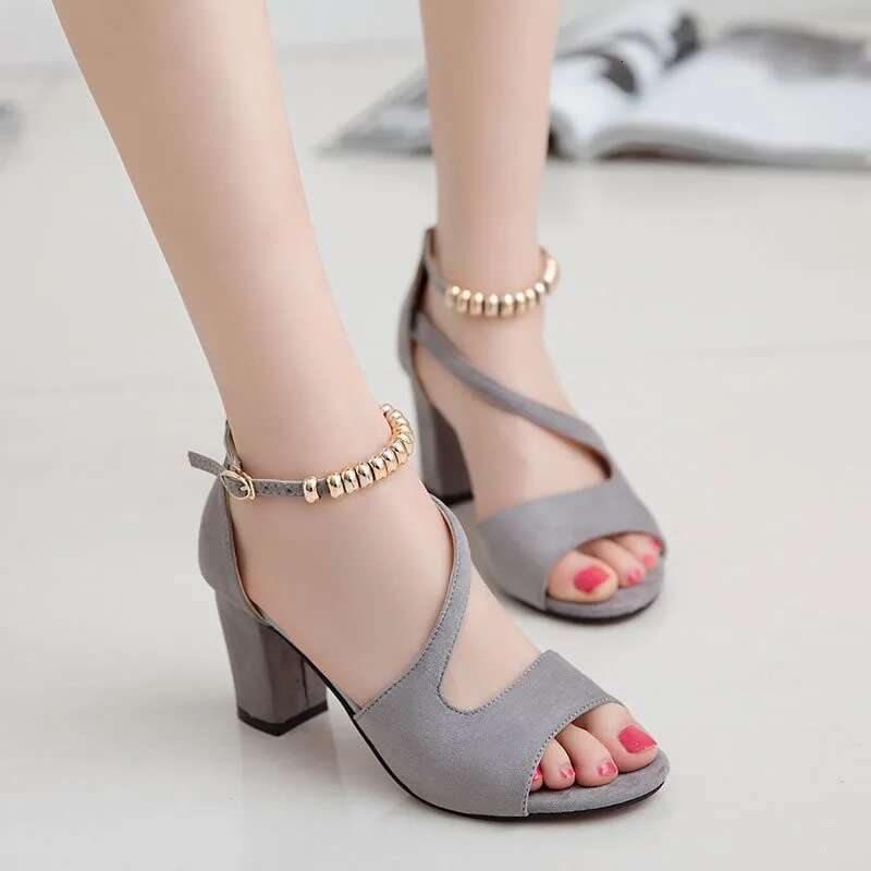 Hollow Fish Mouth Roman Thick Word with Beaded High Heels Summer Sexy Female Sandals