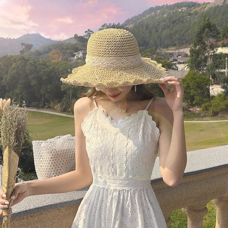Women Lace Sun Hats For Wide Brim Straw Beach Cap Summer Visors Hat Foldable Sun Hat Fashion Straw Hat Female UV Protection Cap 250227