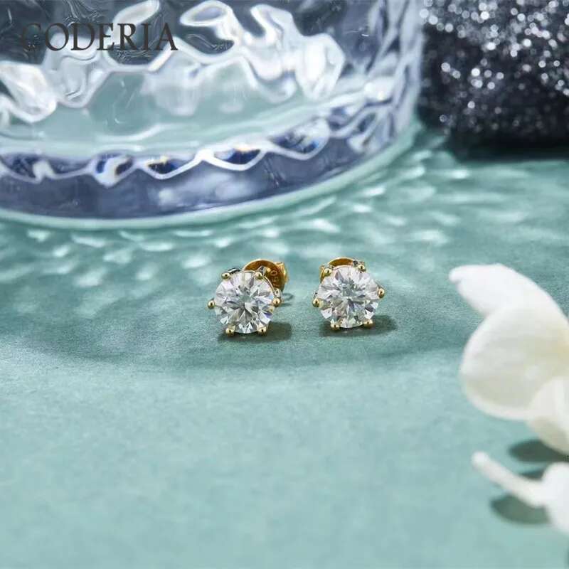 Certified Moissanite 14K Yellow Gold Stud Sterg Sier 1-2 CT Wedding 6 Prongs Dia Earrings Classic Jewelry