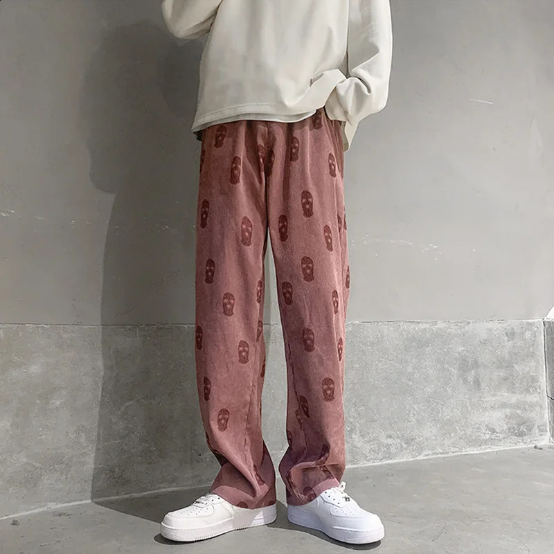 Baggy Corduroy Men Wide Pants Spring Fashion Print Trousers Hiphop Straight Sweatpants Oversized Bottoms Man Y2k Clothes 250225
