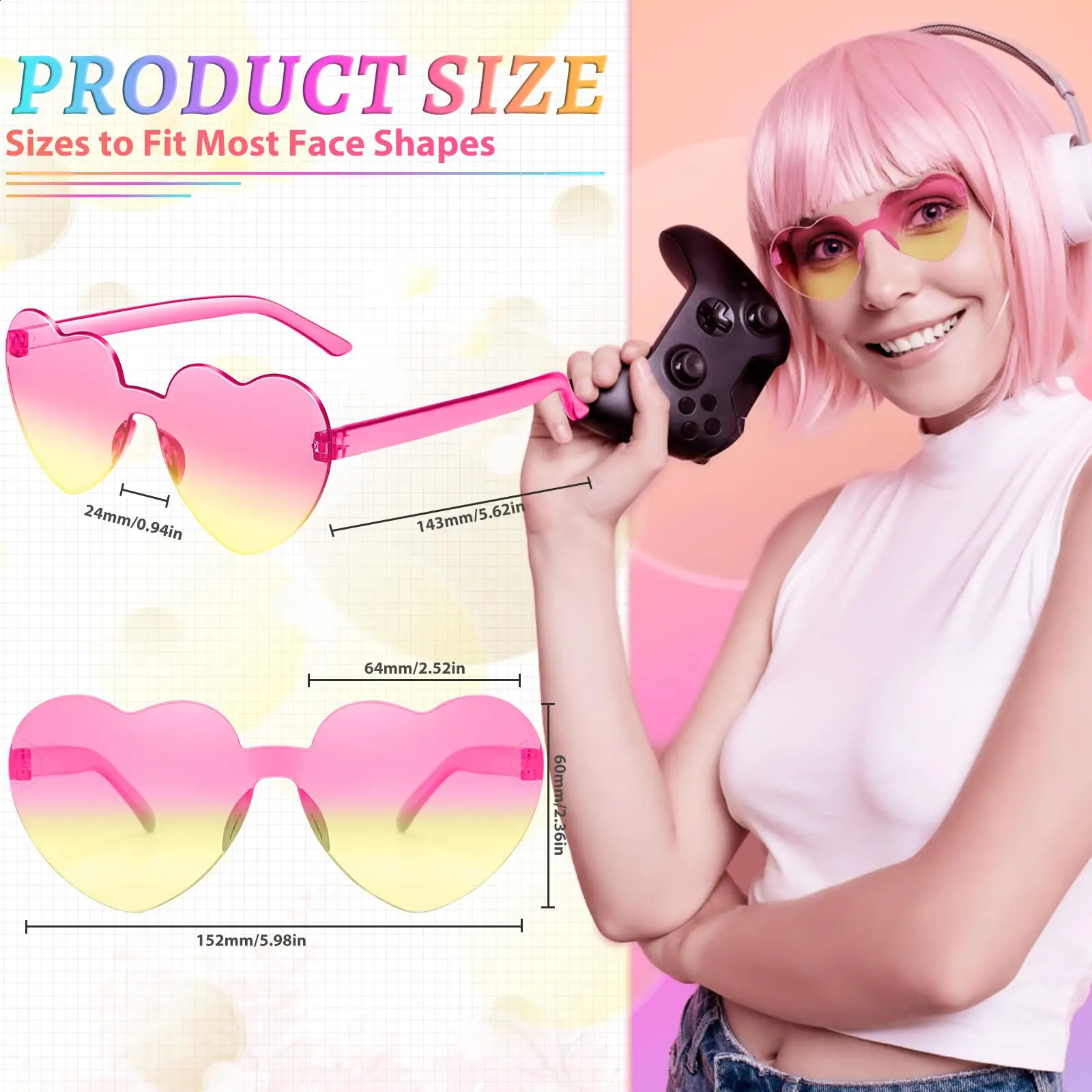12/24/48Pcs Bachelor Party Sunglasses Heart Shaped Rimless Sunglasses Bulk Gradient Colorful Fun Sunglasses for Party Favor 250221