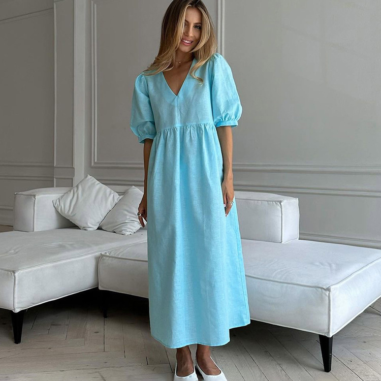 French Ins Light Mature Style V-Neck Bubble Sleeve Blue New4 Summer New Casual Long Dress