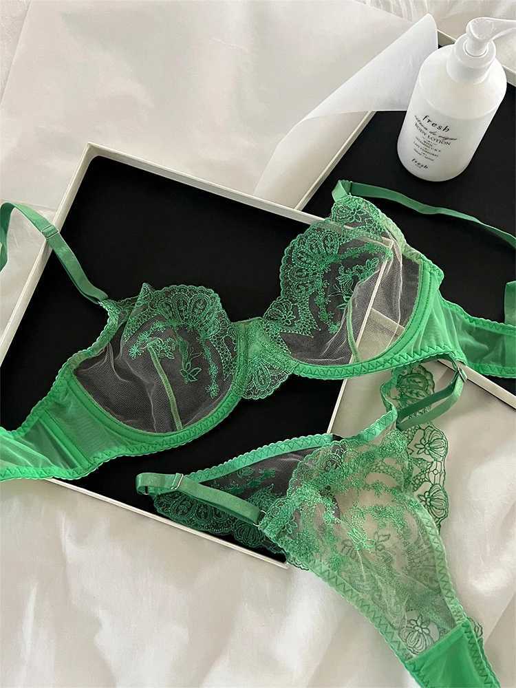 Women Green Lace Underwire Exotic Sets Sexy Sensual Brassiere Lingerie Set Underwear Set Perspective Bralette Bra and Panty SetXJ250301