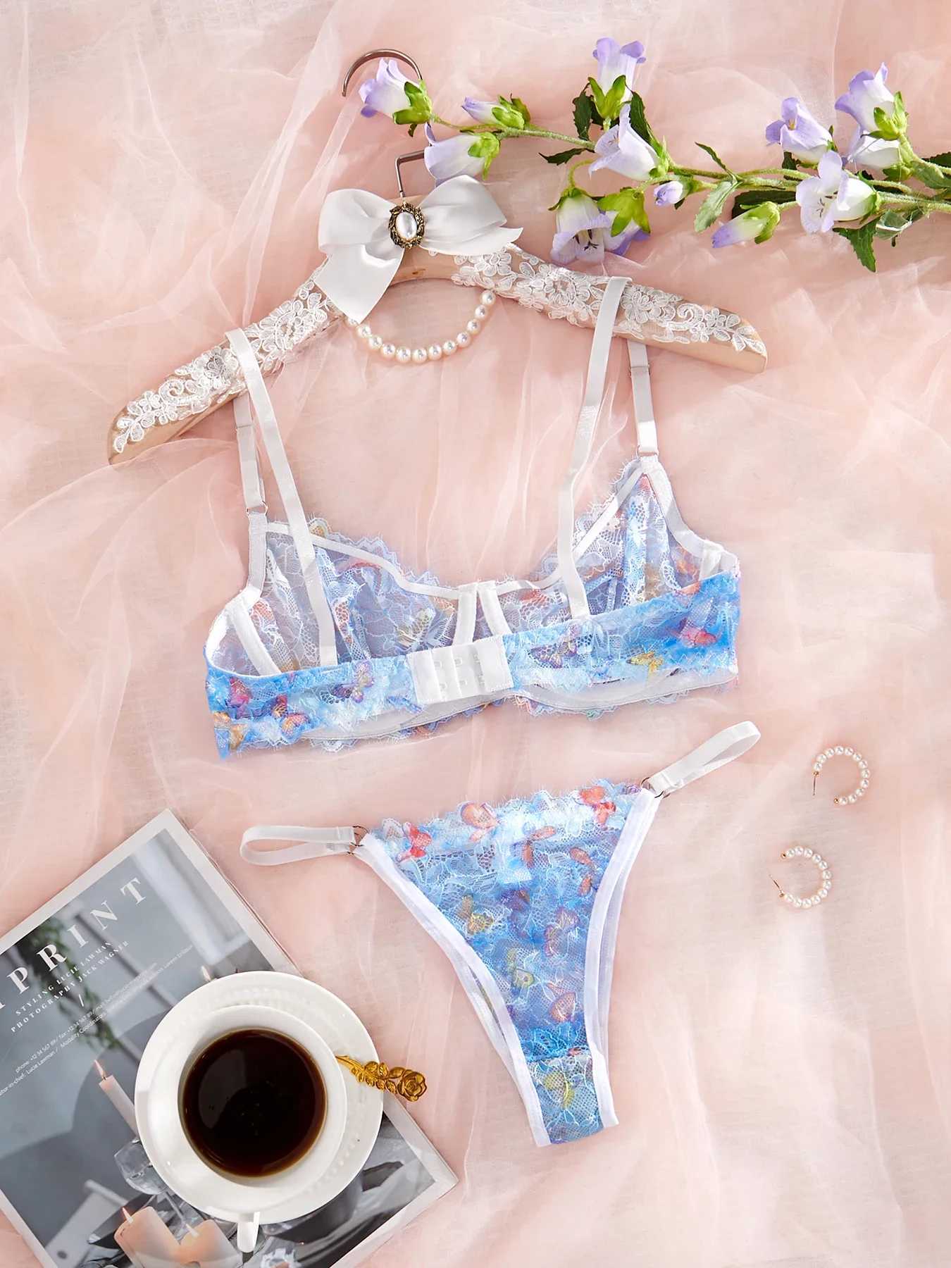 Womens transparent blue butterfly lace sexy lingerie set gathering push up bra daily comfortable close fitting lingerie setXJ250301