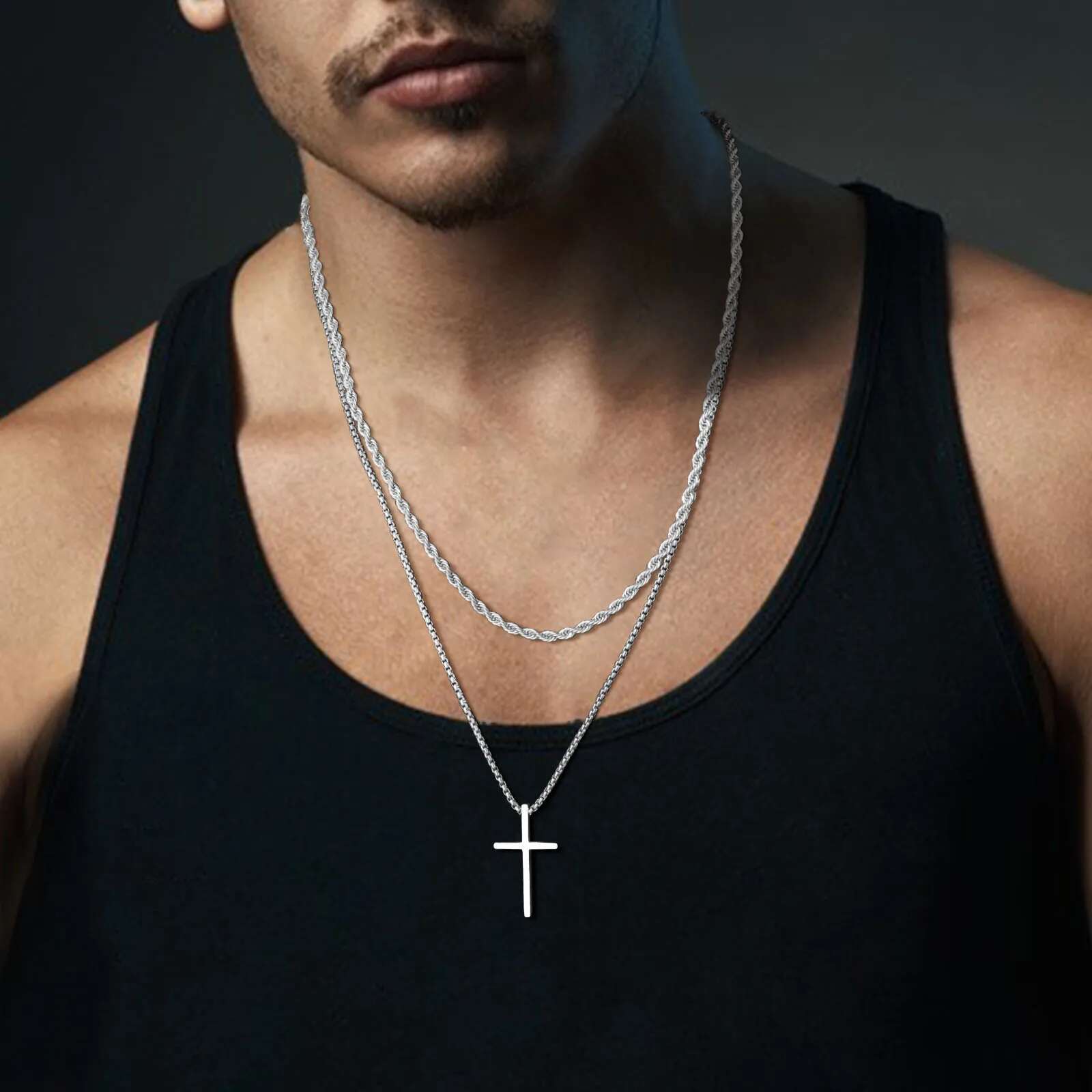 Vnox Mens Necklaces, Stainless Steel Layered Plain Cross Pendant, Rope Box Chain Necklace, Simple Prayer Jesus Collar