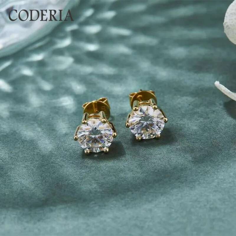 Certified Moissanite 14K Yellow Gold Stud Sterg Sier 1-2 CT Wedding 6 Prongs Dia Earrings Classic Jewelry