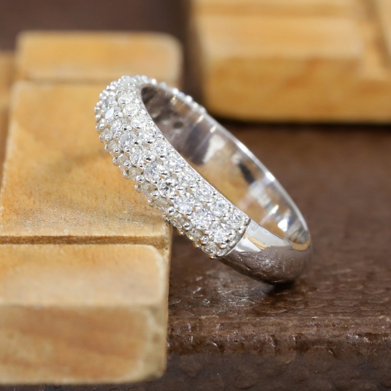 18K White Solid Gold 4mm women half micro pave eternity ring round cut lab diamond womens gold ring anniversary gift for wife in 950 platinum