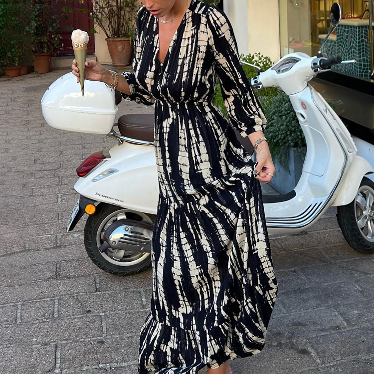 Women's Fashion New3 New Drawn Pleated Layered Large Swing Tie Dyed Print V-Neck Sexy Backless Long Dress