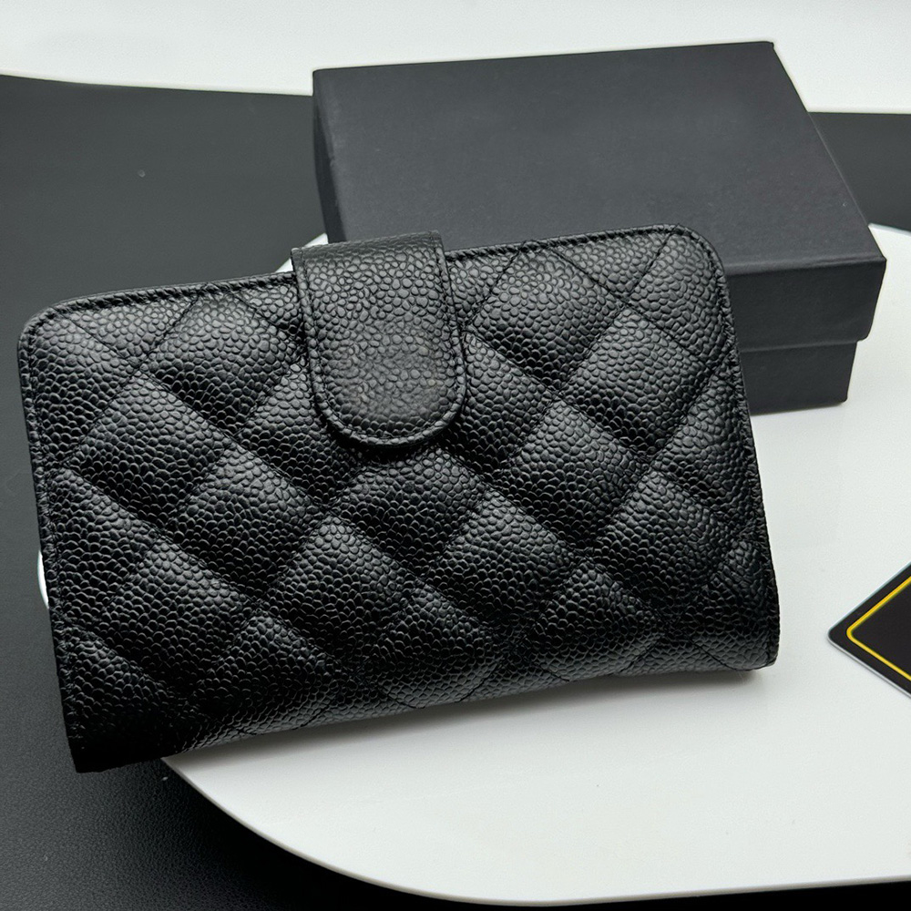 Caviar Women's Wallet Button Credit Card Holder Designer Wallet High Quality Zipper Cash Pocket Coin Purse Leather Mobile Folding Wallet Handbag with Box