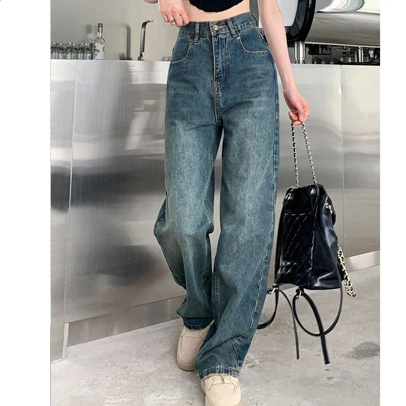 Wide Leg Jeans For Women High Waisted Contrasting Straight Leg Pant Autumn lady Loose Pants Streetwear 250225