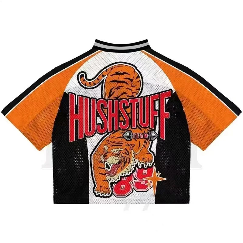 Letter pattern striped sports short-sleeved T-shirt summer American college style street splicing mesh trendy loose top 250227