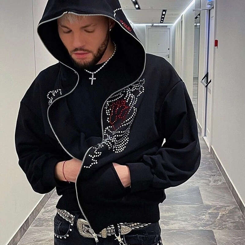 Y2k rhinestone printed loose zipper for women, thick and warm Harajuku jacket, street photography Korean version hoodie