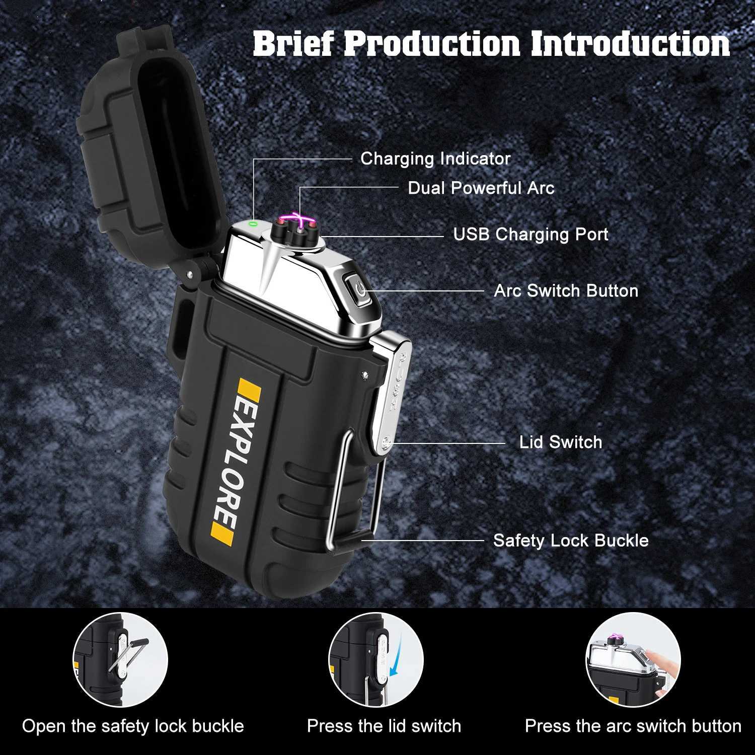 Waterproof Electric Lighter Windproof Dual Arc USB Rechargeable Flameless Plasma Lighters for Camping Hiking Survival TacticalT250301