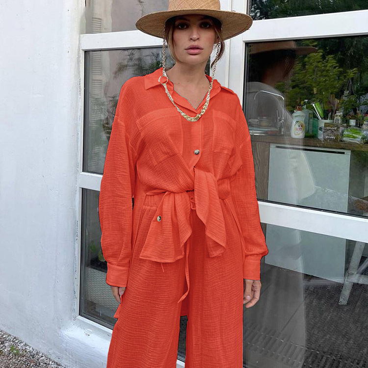 New2 New Autumn Fashion Casual Women's Long Sleeve Shirt High Waist Wide Leg Pants Small Two Piece Set