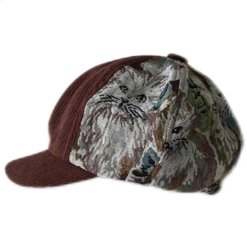 Japanese Y2K Big Head PU Cat and Dog Pattern Cloud Hat Spring and Autumn Coral Retro Splicing Mens and Womens Octagonal Hats 250226