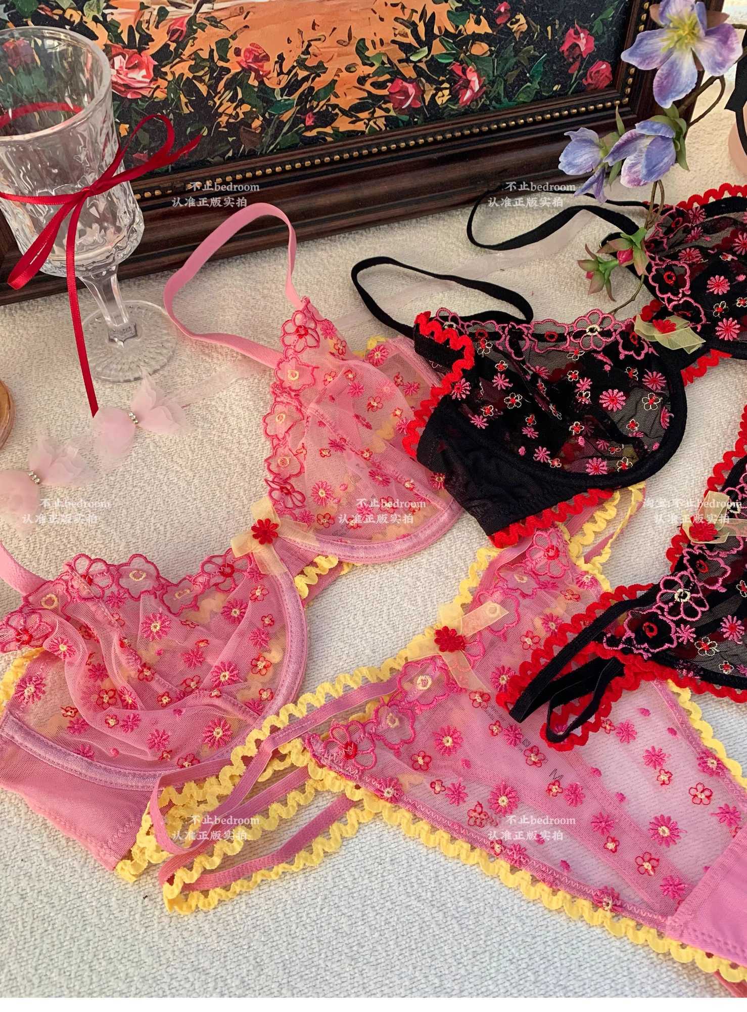 Romantic Floral Underwear Women Large Size Embroidery Lace Sexy Bras Pure Desire Bra Lingerie Set for WomenXJ250301